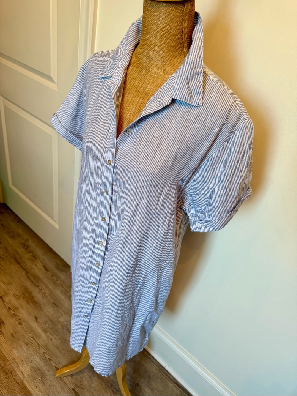 NWT Tahari Blue Pinstripe Short-Sleeve Button-Up 100% Linen Shirt Dress Sz L